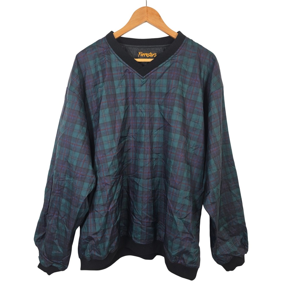 Forresters Mens XL Plaid V-Neck Windshirt Pullover Green Blue Made in USA